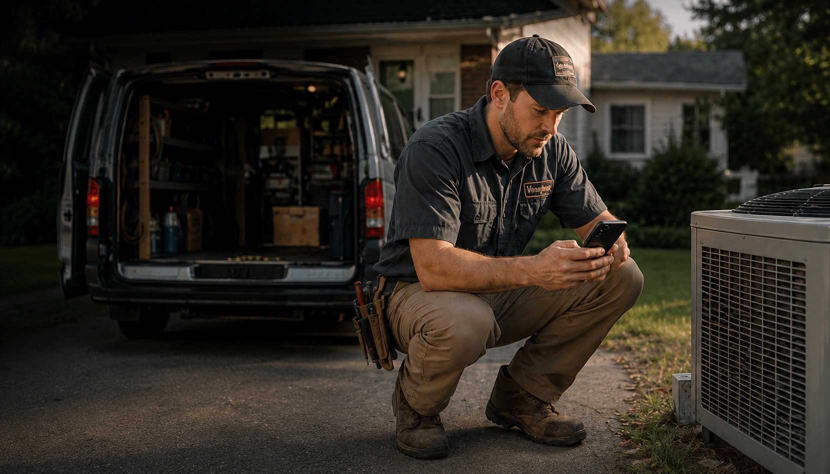 A field-service technician working while Talkstead handles an incoming call